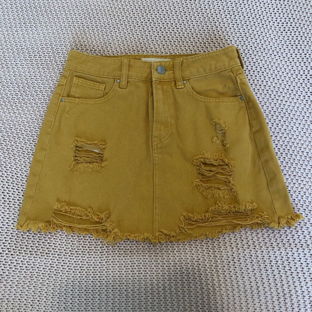 Yellow pacsun mustard frayed mini denim skirt